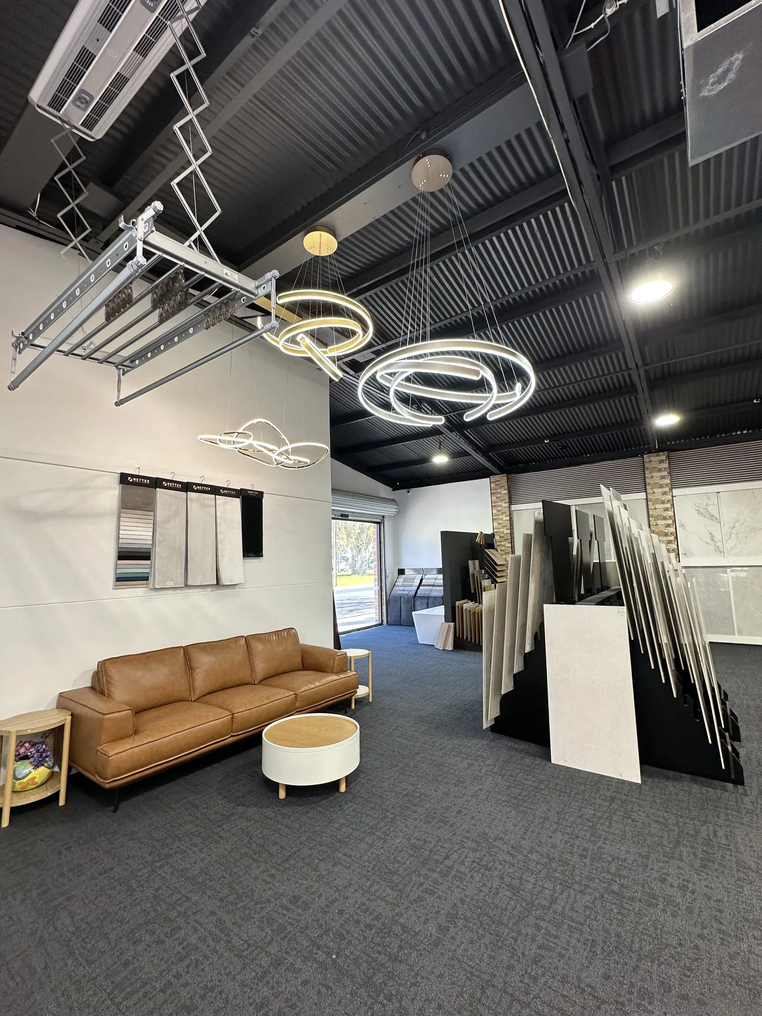 Feature lighting and tile displays inside the Adelaide showroom